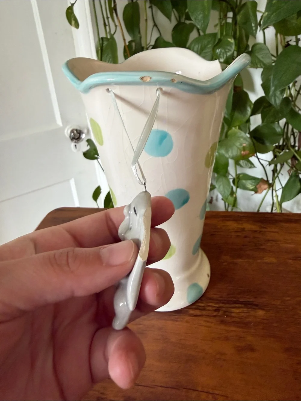 Hand-Painted Polka Dot Ceramic Vase in Blue and Green Baby shower elephant